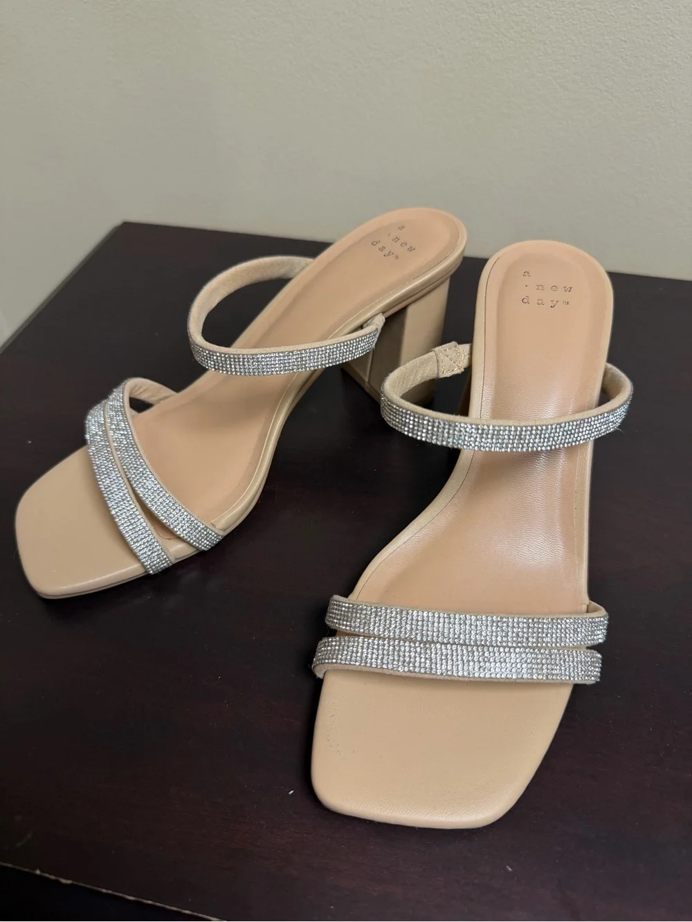 a new day Nude Rhinestone Triple-Strap Slide Heels